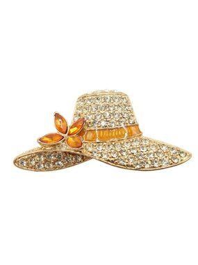 Vintage MONET Gold Tone Sun Hat Brooch w/ Clear & Citrine Rhinestones Signed